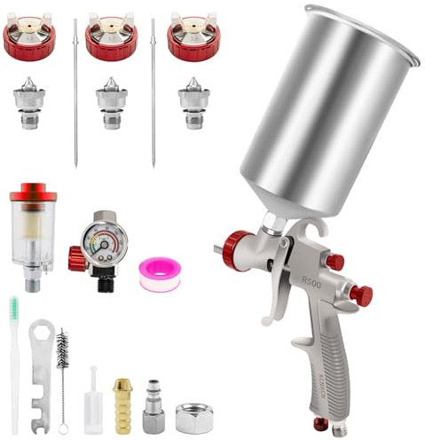 KCNKCN R500 LVLP Air Spray Gun Premium Kit with 1000cc Aluminum Cup, Easy to Use, Paint Gun for Cars & House DIY Painting, 1.3/1.7/2.0mm Nozzles, with Paint Sprayer Accessories