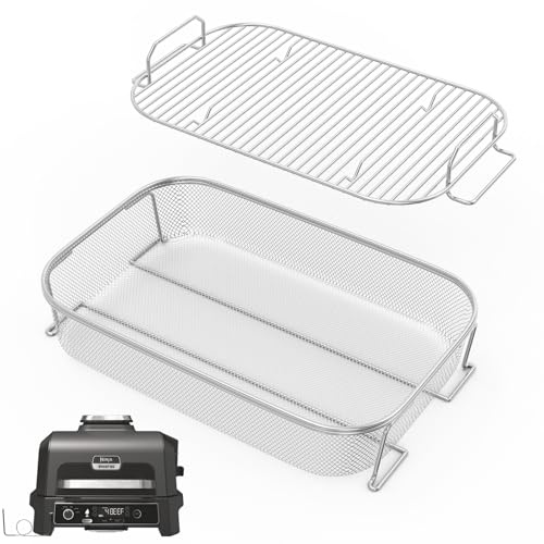 Crisper Basket & Smoke Rack for Ninja Woodfire Pro XL Outdoor Grill & Smoker OG800 OG900 Series, Non-Stick Air Fryer Basket with Roast Stand for Ninja OG850 OG951 OG901 OG952 Grill Accessories