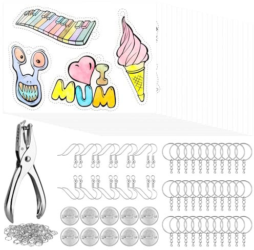 Starvortex 183 Stück Schrumpffolie Set, DIY Kinder Basteln mit Schrumpffolien Set Inklusiv Schrumpfpapier (20x14.5cm), Locher, Schlüsselanhänger, Ohrhaken, Brosche, Bastelset Kinder mit Schrumpffolie
