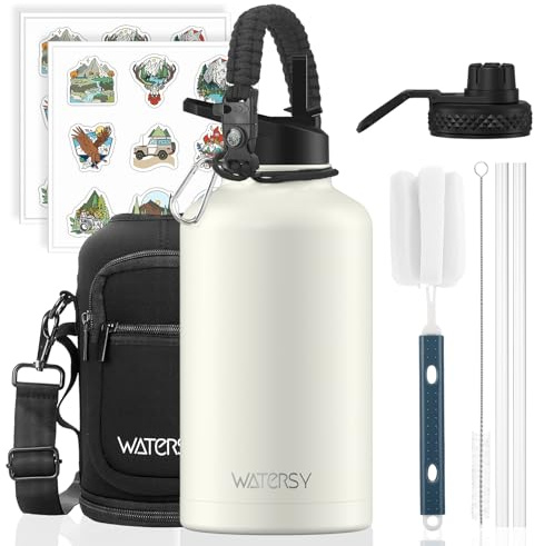 WATERSY Isolierte Edelstahl Trinkflasche 64oz Vakuumisolierte Thermosflasche mit 2 Deckel Auslaufsichere Wasserflasche 1890 ml Doppelwand Flasche Metall Sport für Sport, Camping, Gym