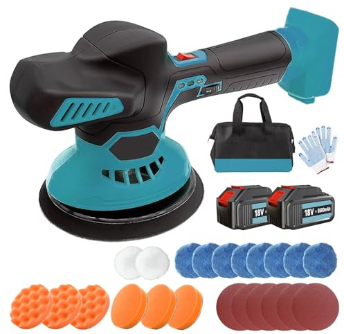 Pulidora de batería para coche, 18 V, máquina pulidora inalámbrica, juego profesional con 2 pilas de 5,5 Ah (compatible con Makita) + cargador y 24 cabezales de repuesto, 6 velocidades variables, 5500