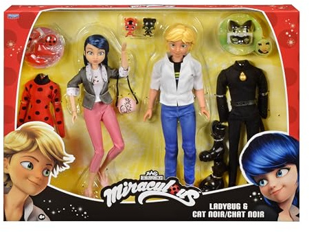 BANDAI – Miraculous – 2er-Pack Marinette und Adrien Puppen mit 2 Outfits (Ladybug & Cat Noir), Zubehör – Miraculous Geschenkbox 2 Figuren 26cm – Geschenkidee Kinder – Spielzeug ab 4 Jahren – P50359