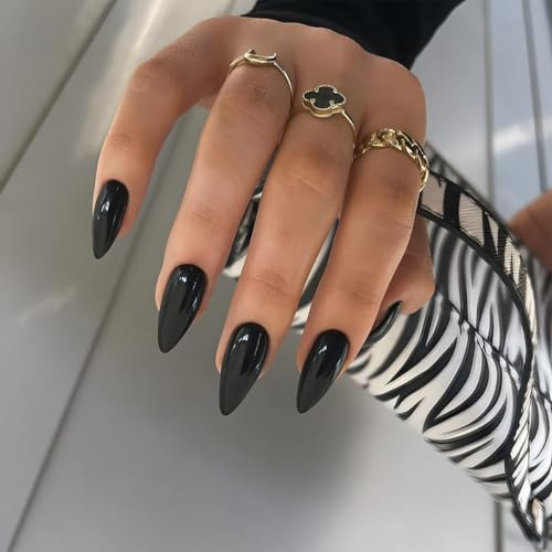 Black Press On Nails - Short Medium Length Almond False Nails - Stiletto Thick Fake Nails With Glue - Natural Solid Color Full Cover Acrylic Stick On nails For Women Daily Wear Gift Nail Tips