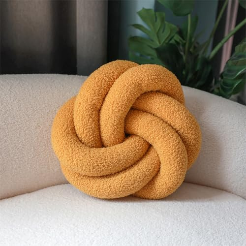 Ukadou 13.7in Knot Pillow Cushion Nordic Boucle Knotted Throw Pillow Decorative Plush Knot Round Cushion Home Decor for Bed Couch Sofa Living Room (Yellow)