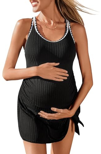 Summer Mae Ribbed Maternity One Piece Swim Dress Pregnancy Swimsuit with Built-in Bottom Swimwear Tie Knot Skirt Bathing Suit Dark 10