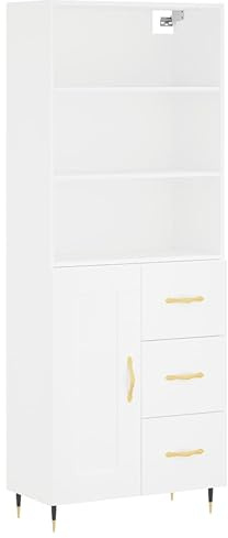 Modern Grey Pine and Oak Brown Plywood High Sideboard Space Saving Kitchen Cabinets with Drawers 69.5 cm Wide Storage Unit for Living Room (White)
