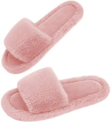 7STROBBS Ladies Fluffy Slippers, Wide Fit Women Open Toe Memory Foam Slipper, Anti Slip Indoor Cosy Warm House Slippers Pink UK 9-10