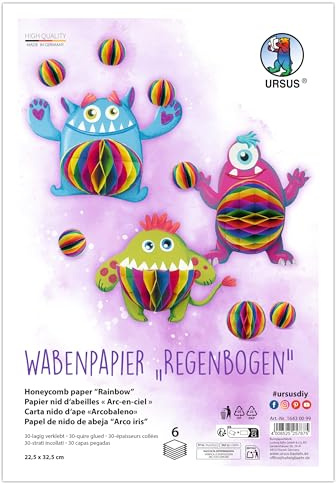 Ursus 1643 00 99 - Wabenpapier Regenbogen, 6 Stück, ca. 22,5 x 32,5 cm, 30-lagig verklebt, Bastelpapier mit Wabenstruktur, Bastelset für Deko & Figuren