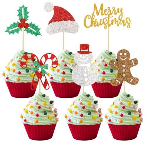 24 Stück Frohe Weihnachten Cupcake Topper, Tortendeko Weihnachten, Merry Christmas Cake Topper, Mit Lebkuchenmann & Bonbons, Festtags Kuchendekoration Für Weihnachts-Party