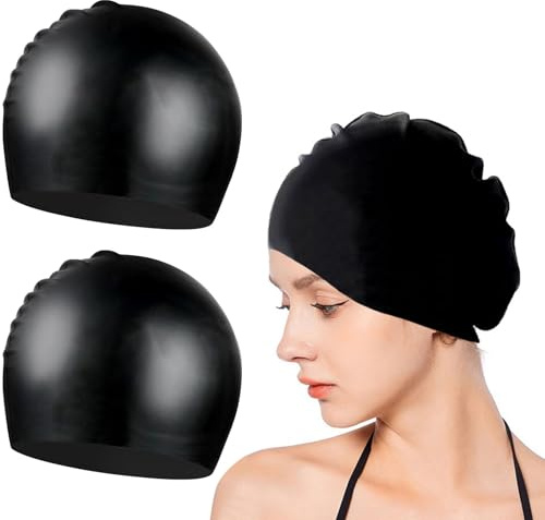 2-pack Large Swimming Cap Women Long Hair, Elastic Non-Slip & Waterproof Swim Hat, Comfortable Hypoallergenic Swim Caps for Women (2, Black*2【S】)