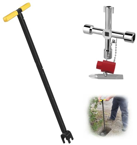Elyyapt Water Meter Key T Handle Curb Valve Key Wrench Tool 18.5''-37'' Adjustable Length Stopcock Keys Water Shut Off Wrench with 4 Way Utility Tool for Water Shutoff Faucets Valve Pipe (Yellow)