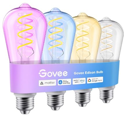 Govee Edison Bulbs, Smart Vintage Light Bulbs, RGB Color Changing and Tunable White, Compatible with Matter, Alexa & Google Assistant, LED Filament Bulb, ST19(58), E26 Base for Home Decor, 4 Pack