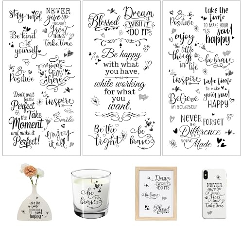 Joeyan 3 Stück Rub on Sticker Sprüche, Folie Transferaufkleber für DIY Basteln Möbel Raysin Keraflott Geschenke Deko, Aufkleber Aesthetic für Gläser,Fotoalbum,Holz,Metall, Leinwand,Porzellan,15x 30cm