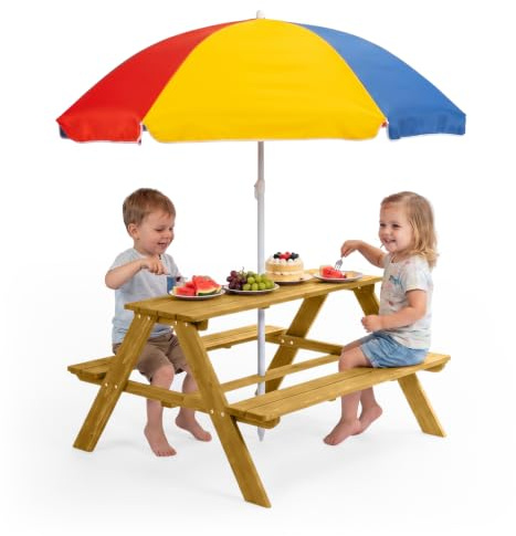 Bonnlo Kids Picnic Table with Umbrella, Wooden Toddler Picnic Table and Chair Set with Removable Parasol, Outdoor Activity Table with Benches for Patio Garden Backyard, Teak
