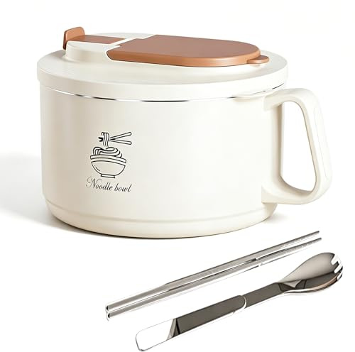 FIYSON Instant-Nudeln Schüssel,1650ml,Ramen schüssel mit deckel,mit Essstäbchen und Spork,Auslaufsicher suppenschüssel, Suppentassen mit henkel, Reis Schüssel, Salatschüssel, Bento Box (Beige, Groß)