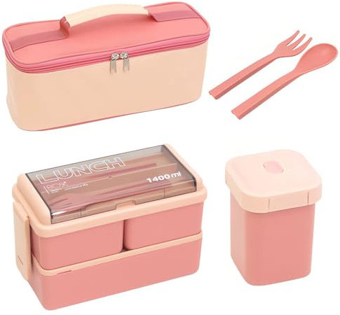 Jorunhe Double Layer Bento Lunch Box Set 1400ml with Insulated Bag Soup Cup Fork and Spoon Dishwasher Microwave Safe Containers with 3 Removable Compartments and Cutlery (Pink)