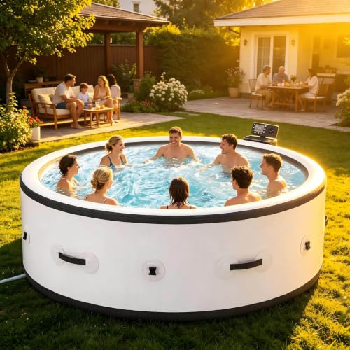 Bañera Inflable PVC Premium Antifugas 81,1×27,9 Pulgadas, Spa Exterior Rígido Portátil Para 6 Personas, 150 Chorros Masaje, Bomba Calefactora Inteligente, Circulación PTC, Calefacción Baja, 6 Modos
