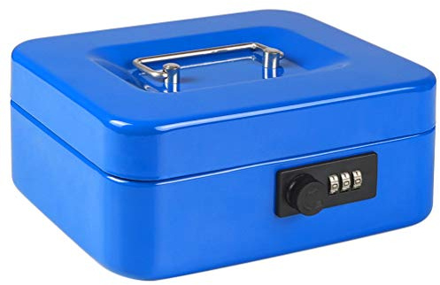 Locking Steel Cash Box with Removable Tray, Safe Box for Cash Saving with Combination Lock Money Organizer, 7 4/5 x 6 4/5 x 3 3/5, Blue