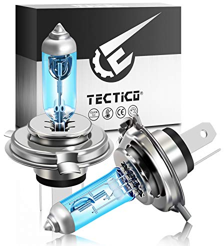 TECTICO H4 P43t Bombilla Halógena 12V 60/55W Blanco Cálido +130% Ultra Brillante Coche Moto Haz Alto/Bajo Luz Faros Antiniebla Reemplazo Lámpara, 2 piezas