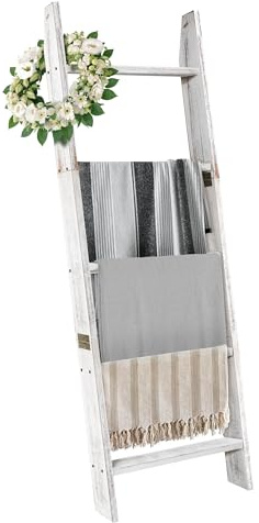 Honest Blanket Ladders for The Living Room, 5-Tier Blanket Holder, Wall-Leaning Blanket Rack, Ladder Shelves, Wooden Quilt Ladder, Farmhouse Decor, White