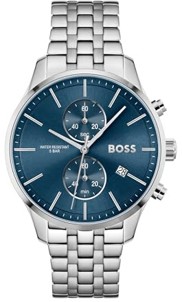 BOSS Herren 42 mm Chronograph Quarz Uhr Associate Kollektion mit Edelstahlarmband in Gliedern oder Mesh, Datumsfunktion, 2 Totalisatoren, 5ATM Wasserbeständigkeit