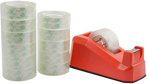 BOMEI PACK 12 Rolls Transparent Small Stationery Tape Refills with 1 Red Desk Tape Dispensers,40mic x 18mm x 33m,Presents Wrapping,Home School Office DIY Craft Sealing Mini Clear Tape