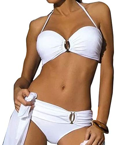 Women Sexy 2pcs Bikini Set Halter U-Clip Underwire Swimsuit Solid Bathing Suit White S