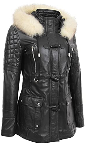 A1 FASHION GOODS Duffle Cappotto da donna alla moda in vera pelle morbida con cappuccio rimovibile, Nero , 48