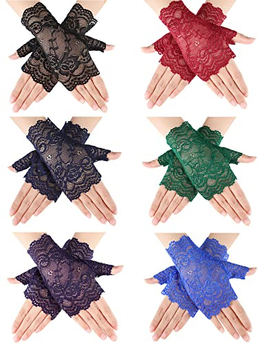 Geyoga 6 Pairs Women's Lace Gloves Fingerless Floral Short Fingerless Gloves for Bridal Wedding Opera Tea Party(Black, Jewel Blue, Burgundy, Navy Blue, Green, Purple)