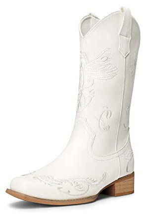 DREAM PAIRS Women's Cowboy Boots Mid Calf Cowgirl Boots Embroidery Stitched Square Toe Western Boots SDMB2220W WHITE Size 6 UK/8 US
