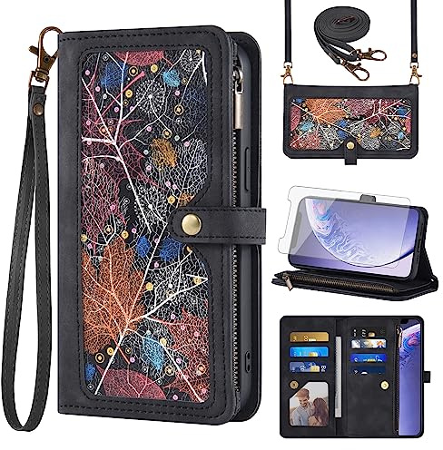 Asuwish Phone Case for iPhone 11 6.1 Wallet Cover With Screen Protector and Crossbody Wrist Strap Leather Flip Pattern Zipper Credit Card Holder Cell iphone11case iPhone11 i 11s XI 11R Women Men Black