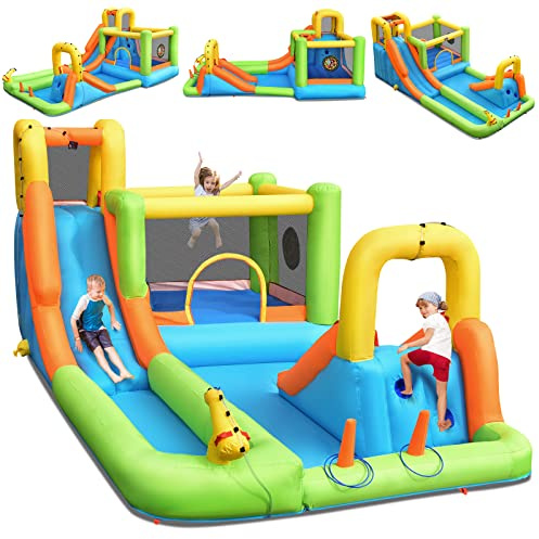 DREAMADE Château Gonflable pour 3 Enfants 3-10 Ans，avec Toboggan, Mur d'escalade, Zone de Saut, Piscine, Canon à Eau, Colonnes pour Intérieur/Extérieur Charge Max. 135KG (sans Gonfleur)
