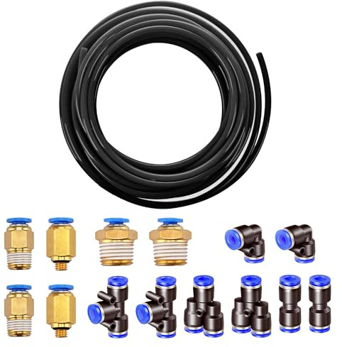 HUAZIZ 5 m PU slang, svart flexibel tryckluftsslang, med 14 stycken kontakter Air Push snabbkoppling, yttre 8 mm x inre 5 mm