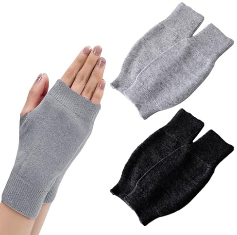 SLEEKEE Lot de 2 Paires de Gants Sans Doigts en Cachemire - Mitaines Chaudes Thermiques Pour l'Hiver - Noir et Gris Clair