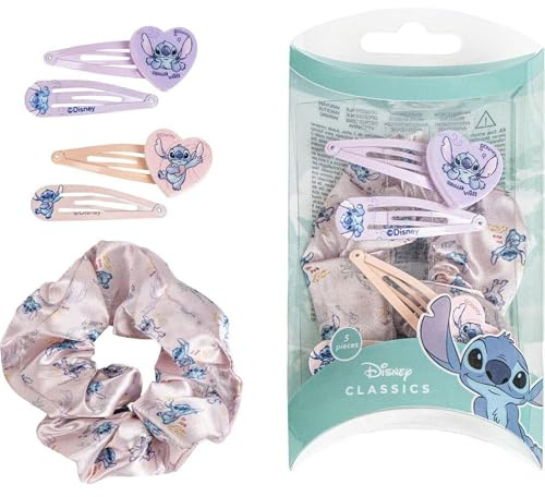 Lot de 4 épingles à cheveux et 1 chouchou en tissu Stitch - Couleur rose et lilas - Fabriquées avec des matériaux résistants - Imprimé inspiré du Stitch - Produit original conçu en Espagne