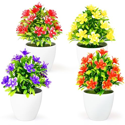 CECOMBINE 4 Stück Künstliche Blumen, Kunstblumen im Topf Mini Kunstpflanze, Pflanzen Wie Echt im Topf für Tischdeko, Innen- und Außenbereich Deko, Garten, Cafe, Büro