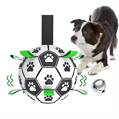 MYPIN Hunde-Fußballball mit Haltegriffen/integrierter Glocke, interaktives Hundespielzeug zum Tauziehen, Hundespielzeug, Wasserspielzeug, langlebige Hundebälle für kleine und mittelgroße Hunde