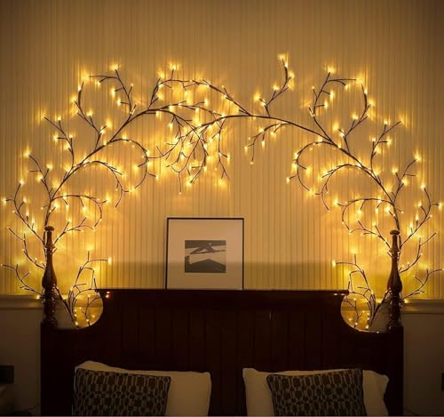 Ciskotu Willow Vine Twig Wall Lights 2PCS: 144 LED Plug in Powered, Warm White with Fairy Tree Light for Wall Indoor Bedroom Living Room Home Christmas Decor