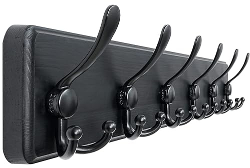 Dseap Coat Rack Wall Mounted - 24 Long 6 Tri Hooks, Heavy Duty Wooden Wall Coat Hanger Coat Hook for Clothes Hat Jacket Clothing, Black