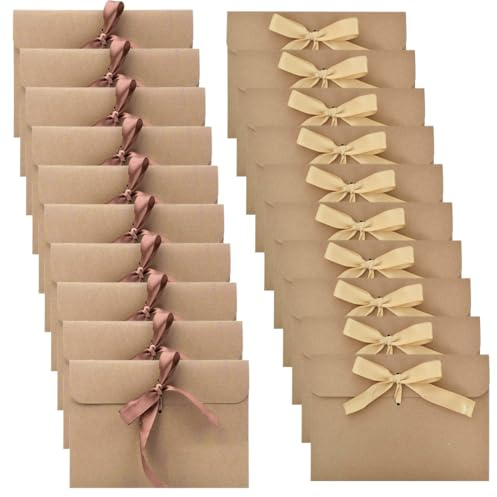 WeddHuis 20 pièces Enveloppe Cadeau Vintage, Enveloppes en Papier Kraft Rétro, de Carte Postale, Les Cartes Cadeaux, de Papier Nacré avec Ruban.