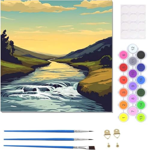 Malen Nach Zahlen Erwachsene Bach-Landschaft Malen Nach Zahlen Kits auf Leinwand, Handgemalt Ölgemälde Leinwand Kits zur Heimdekoration, Pinseln Acrylpigment für Geschenke und Home Deko 20x20cm U-9561
