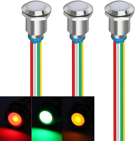 Gebildet Tri-Color(Green&Red&Yellow) 12mm(1/2 inch) Energy Saving Indicator Light, 12mm 3 Color LED Light 12V/24V/ 20mA Panel Mount Light for Car Truck Boat Auto Part(Pack of 3)