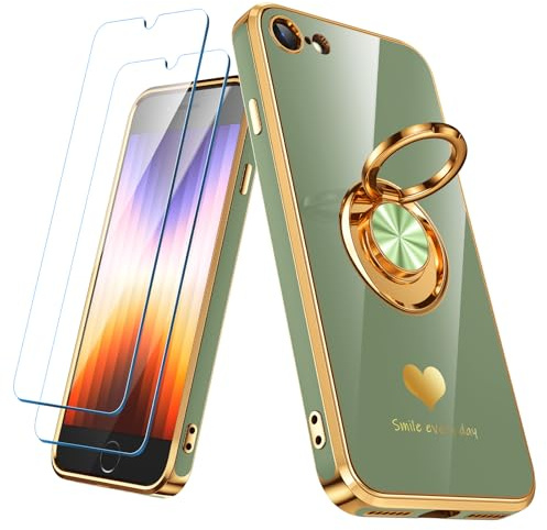 Nonional Compatible for iPhone SE/8/7 Case with 2 Pack Screen Protector, 360° Rotatable Ring Holder [Luxury Hearts Pattern] Plating Gold Edge Slim Soft Phone Case for iPhone SE/8/7 - Light Green