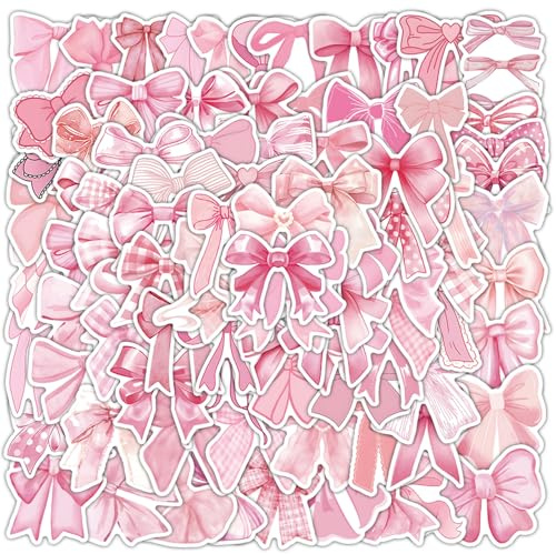 100Pcs Pink Bow Stickers, Waterproof Coquette Sticker Packs Aesthetic, 5.5cm Cute Vinyl Pink Bow Stickers, Bowknot Birthday Decorations for Water Bottle Laptop Scrapbook Gift Planner Decor