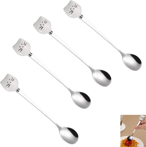 Cuillère à café chat mignon 4 pièces, cuillères à nourriture tête de chat en acier inoxydable à Long manche pour remuer le thé café sucre crème glacée Dessert