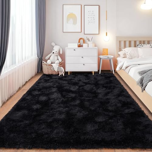 Chicnix Teppich Schlafzimmer 140x200 cm Flauschig, Hochflor Teppich Wohnzimmer Schwarz, Weiche Plüsch rutschfest Shaggy Langflorteppich für Kinderzimmer Heim Dekor