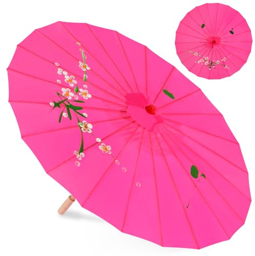 Bestage 33 Hot Pink Flower Silk Cloth Decoration Handmade Parasol Umbrella Chinese Japanese Asian DIY Art Dance Classical Umbrella for Wedding Parties Photography Costumes Cosplay (Hot Pink)