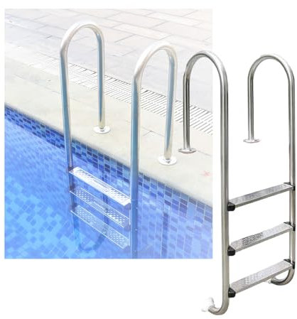 Swimming Pool Ladder,2/3 Steps Swimming Pool 304 Stainless Steel Step with Handrails, for Ground Pools Stair Entry Outdoor Pool(Drilling,3-Steps1.0mm)