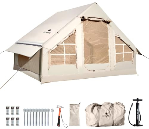 Inflatable Camping Tent with Air Pump, Glamping Outdoor Tent for 2-4 People, 300 x 210 x 200cm Waterproof & Windproof Oxford Cabin Tent with Mesh Window & Doors 4 Seasons (Beige)