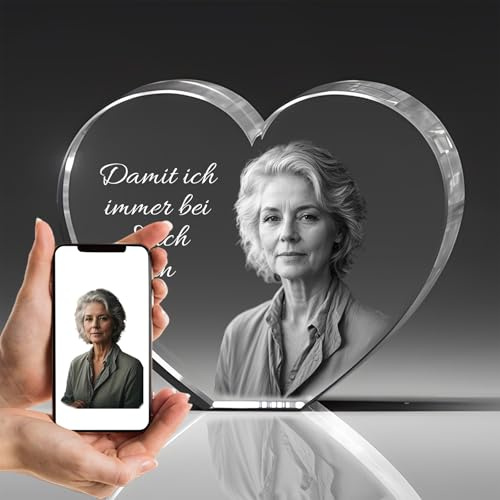 Gedenk Kristall Personalisiertes Herz aus Kristallglas mit 3D-Foto – Erinnerungsgeschenk für Menschen – Liebevolles Andenken für Hochzeit, Freundschaft & Liebe – Hochwertige Lasergravur